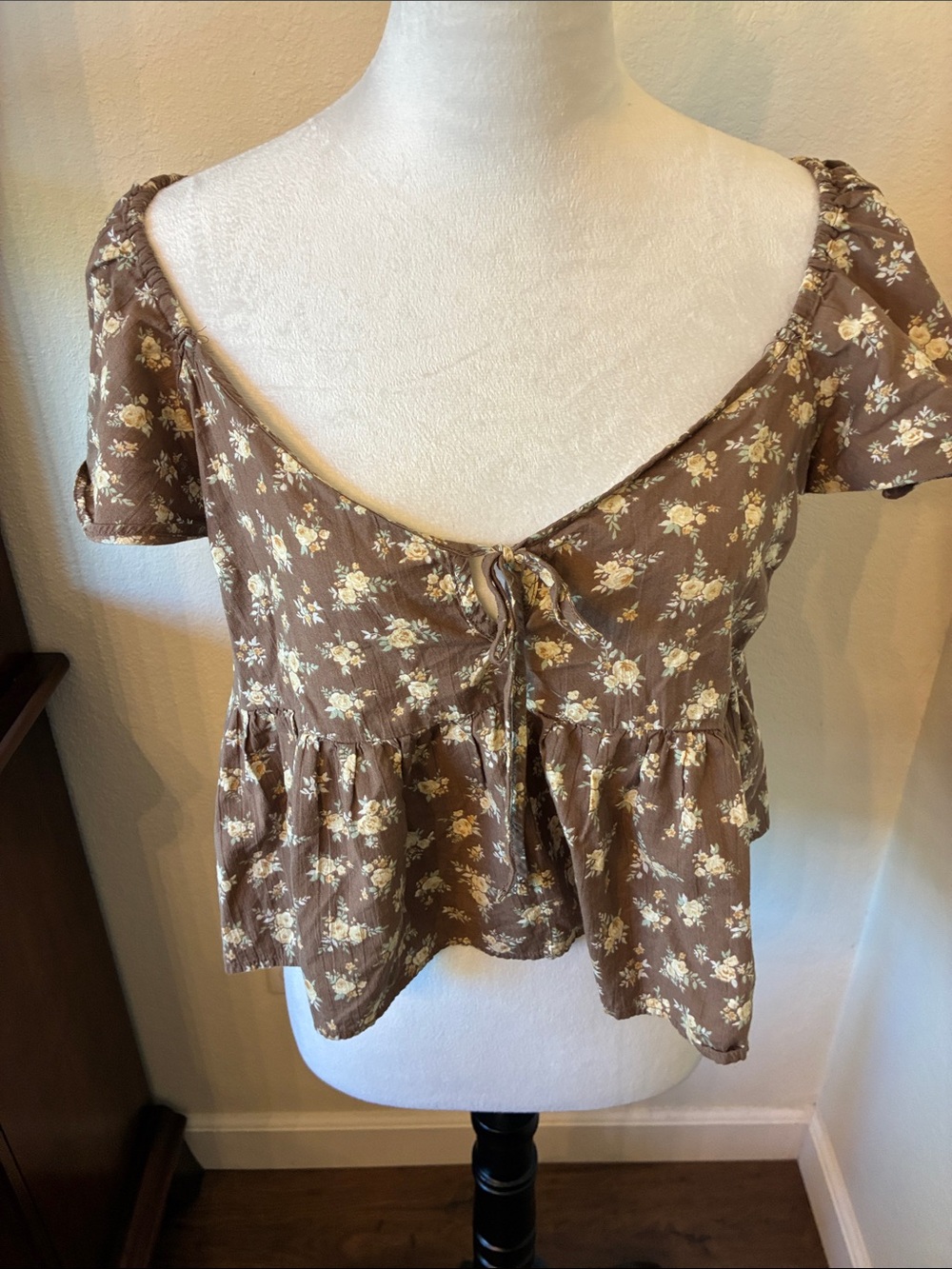 American Eagle Floral Tie-Front Brown Peplum Top